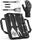 HORUS 23 Set Accessori Barbecue Professionale con Borsa Porta Attrezzi Barbecue - 4 Accessori BBQ: Pinze, Spatola, Forchettone e Guanto Ignifugo
