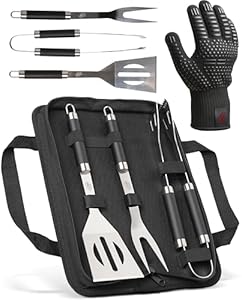 HORUS 23 ® – Grill Zubehör Set – 4 teiliges Grillbesteck mit Tasche – Grillzange, Grillspachtel, Fleischgabel & hitzebeständiger Handschuh