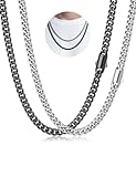 MUSECLOUD 2Pcs Silver Black Cuban Link Chain for Men Mens Stainless Steel Miami Curb Chains Necklace Diamond Cut Non-Tarnish Jewelry Set 5mm 20 inch