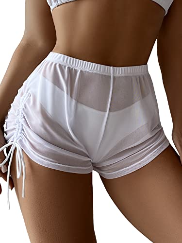 Verdusa Women's Drawstring Side Sheer Mesh Bikini Bottoms Swimsuit Cover Up Shorts White XS
