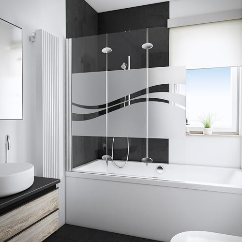 Schulte mampara ducha bañera 125 x 140 cm, aspecto cromado, 3 hojas (49+41+35) plegables, girable 180° en la pared, montaje reversible izquierda derecha, vidrio de seguridad espesor 5 mm serigrafía