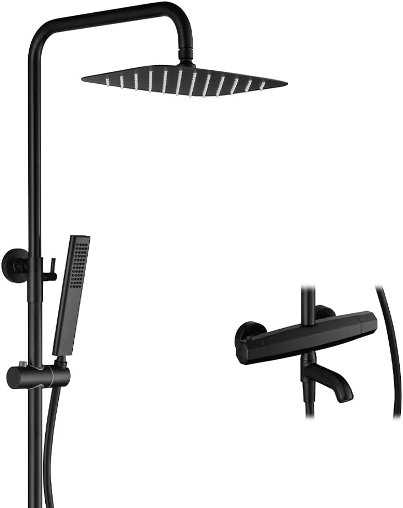 DASHADAO Shower System, Thermostatic Black Brass Three Functions Shower Set Bathtub Diverter Mixer Tap with Height is Adjustable Spray Head and Tub Taps, Luxury Shower Set,A
