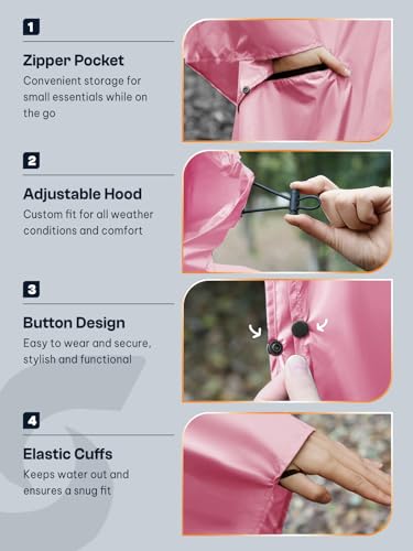 Image of SaphiRose Adult Rain Poncho Waterproof Hooded Zipper Raincoat with Pockets | OEKO-TEX Certified 100% Polyester, Lightweight Packable Storage Pouch, Heat-Sealed Seams, Quick-Dry for Outdoor Hiking