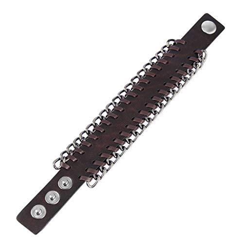 Coolla Men's Antique Brown Leather Wristband With Metal Chains Cuff Bracelet #TOP5