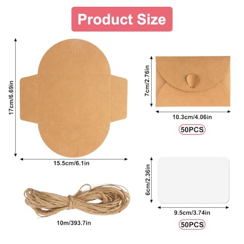 50 Stück Mini Briefumschläge mit Herz Verschluss, Braun Kraftpapier Umschläge mit 50 Stück Blanko Kartenset, Kraftpapierumschlag, für Hochzeitseinladungskarte, Gruß Weihnachten, Valentinstag