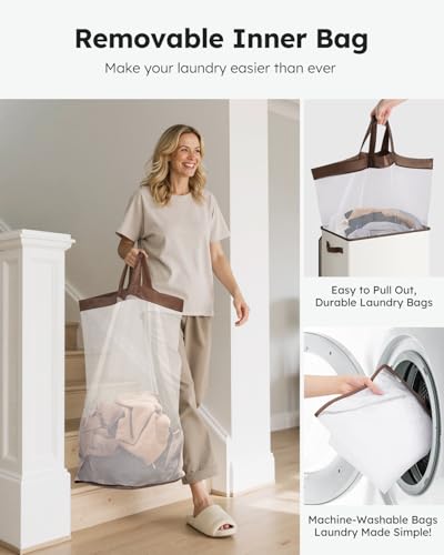 SOLEDI Laundry Hamper with Lid 100L Large & Tall Collapsible Laundry Basket, Clothes Hamper with Bag Removable Easy to Carry, Dirty Hampers for Bedroom, Bathroom, Dorm, College, Off-White