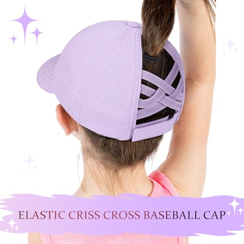 Ponytail Hat for Girls, Criss Cross Baseball Cap with Reflective Brim, Quick Dry Sports Hats for 7-12 Years2
