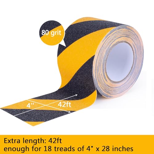 Anti Slip Tape, 4 Inch x 42 Ft Grip Tape for Stairs Outdoor/Indoor, Waterproof Non Skid Roll for Stair Treads Non Slip, High Traction Friction Abrasive Adhesive Stair Steps, Caution Yellow/Black