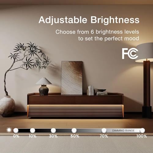 Image of POVISON Fully-Assembled Mid Century Glossy Sintered Stone Tabletop TV Stand with Legs,Wood Media Console with Adjustable LED Light,Entertainment Center with Storage for Living Room