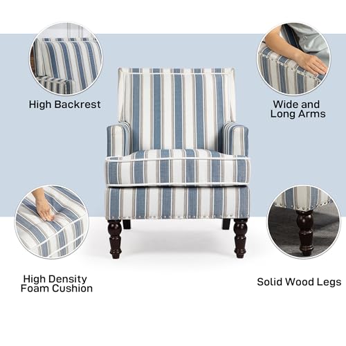 WakeZero Accent Chair, Modern Comfy Mid-Century Accent Chairs，Linen Upholstered Lounge Arm Chair with Solid Wood Reading Side Padded Single Sofa for Living Room/Office/Balcony/Bedroom-Blue Stripe - Image 4
