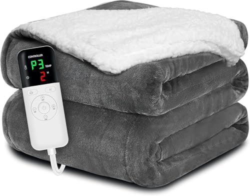 Scilulu Heated Blanket Throw 50x60, Extra Plush 220GSM Flannel & Sherpa | 6-Level Smart Adaptive Heat & 8Hr Timer | ETL Certified Electric Blanket for Full Body Comfort