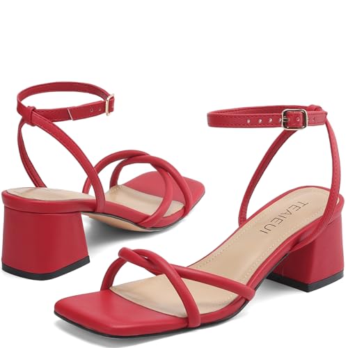 Image of TEAIEUI Chunky Heels for Women, Square Open Toe Heeled Sandals, Strappy Ankle Strap Shoes for Dress, Party, Prom, Block Low Heel 2 inch