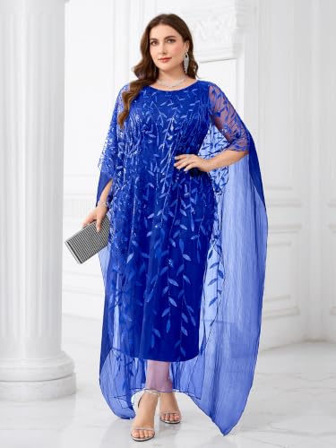 Image of Plus Size Sparkly Formal Evening Gown Sequin Cape Overlay Mother of Bride Dress Wedding Guest Cocktail Party