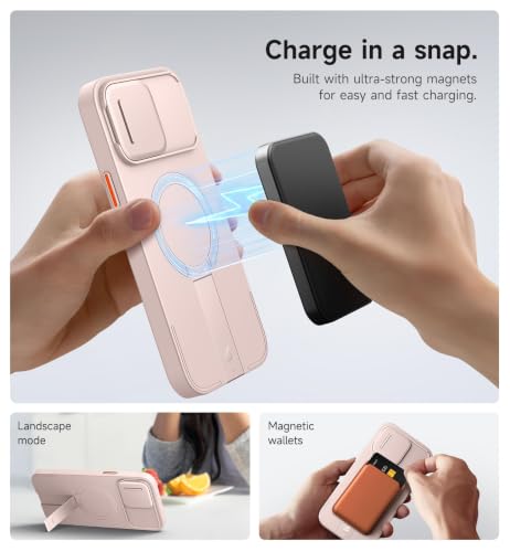 Image of SURITCH for iPhone 13 Pro Max /12 Pro Max Case with Magnetic Camera Slide Cover and Adjustable Kickstand, Compatible with MagSafe, Shockproof Bumper Case Slim Protective Cover 6.7 Inch, Pink
