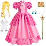 Kosplay Mädchen Prinzessin Peach Kostüm mit Accessoires und Perücke Prinzessin Verkleidung Peach Kleid Rosa Geburtstag Party Weihnachten Halloween Karneval Cosplay Kleider Kinder 100-150