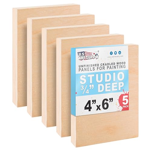 Image of U.S. Art Supply 04" x 06" Unfinished Cradled Wood Panels for Painting, Studio 3/4" Deep (5 Pack) - Artist Depth Birch Wooden Wall Canvases - Mixed-Media Craft, Acrylic, Oil, Encaustic, Paint Pouring