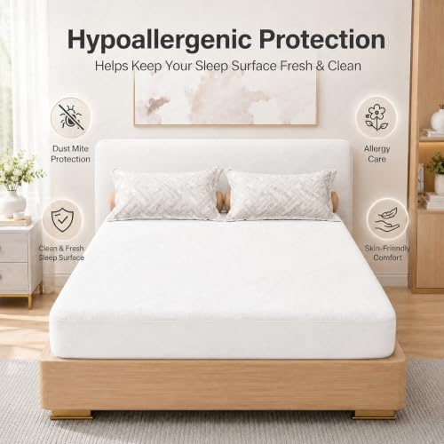 Image of Lukzer Waterproof Mattress Protector White Queen Size 72 x 60 Inches (6 x 5 ft) Ultra Soft Terry Cotton Feel Fabric with Elastic Skirting Hypoallergenic and Breathable Mattress Cover