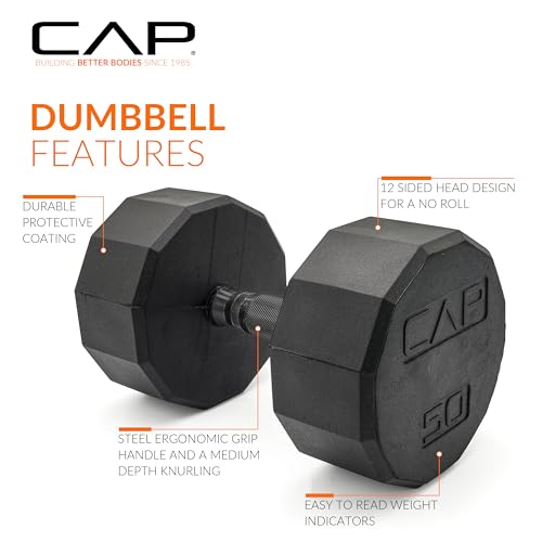 Image of CAP Rubber Coated Dumbbell Weights, Free Weights for Home Gym Strength Training, Anti-Roll Hex Dumbbells with Black, Chrome & Comfort Grip Handles, Singles