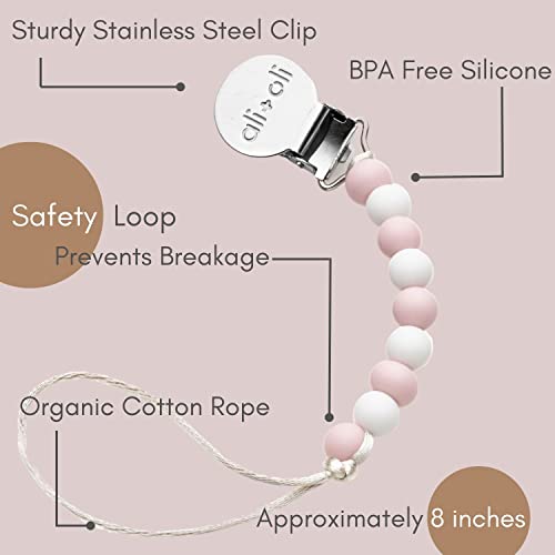 Image of Ali+Oli Silicone Pacifier Clip for Baby (Thin Pink) 100% Food-Grade BPA Free Newborn Pacifier Holder Infant Binky Clip for Baby for Baby Boy or Girl
