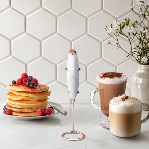 Image of Zulay Kitchen Powerful Milk Frother Wand With Duracell Batteries - Ultra Fast Handheld Drink Mixer - Electric Whisk Foam Maker for Coffee, Lattes, Cappuccino & Matcha - Z1 Motor - White & Rose Gold
