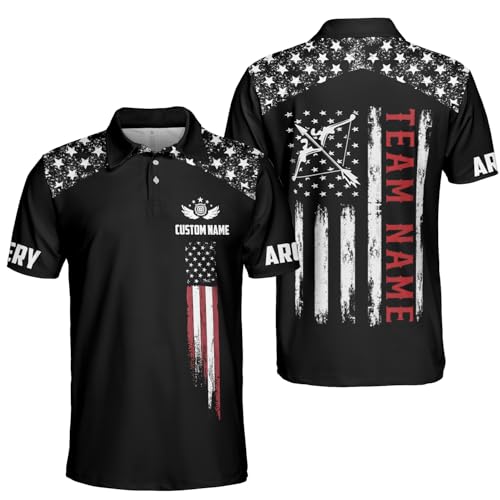 Custom American Flag Archery Shirts for Men, Personalized Name and Team Name Bowhunting Bow Archery Jersey Shirt, Archery Polo Shirts 3D for Men and Women
