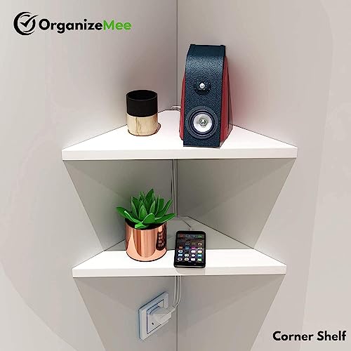 Image of OrganizeMee Corner Shelf for Wall Set of 2, Wall Mounted Metal Corner Shelves for Living Room, Bedroom & Bathroom, Waterproof Powder Coated Alloy Steel Floating Display Shelf, White, 43 x 20 cm