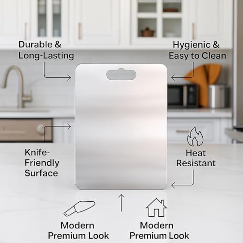 Image of PUREAGLE Stainless Steel Chopping Board for Kitchen - Cutting Board for Vegetables, Fruits, Meat, Kneading Dough, Cake Prep | Unbreakable, Heavy Duty, Easy to Clean (Silver, Large)