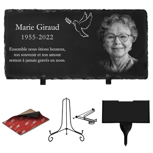 ETERNEL - Plaque Funéraire Personnalisée Multisupports Colombe - à Planter, à Coller ou à Poser, Ardoise ou Granit, Photo et Texte au Choix, Plaque Cimetière, Mortuaire, Sépulture, Défunt, Hommage