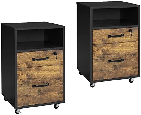 Yaheetech 2pcs Filling Cabinets Mobile File Cabinet Letter Size File Storage Organizer Large Lateral Filing Cabinet Printer Stand for Home and Office Black/Rustic Brown