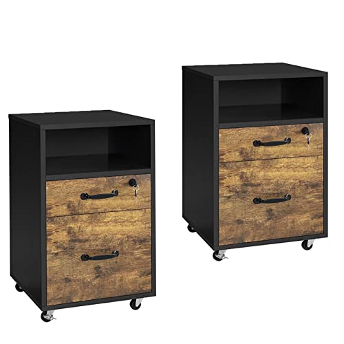 Yaheetech 2Pcs Filling Cabinets Mobile File Cabinet Letter Size File Storage Organizer Large Lateral Filing Cabinet Printer Stand For Home And Office Black/Rustic Brown #TOP6
