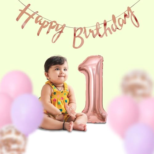 Image of Party Propz 1st Birthday Decoration Items for Baby Girl- 39 Pcs, Rose Gold Happy Birthday Banner (Cardstock), Happy Birthday Decoration Kit for Girl, Pink Balloons for Decoration, 1 Foil Balloon