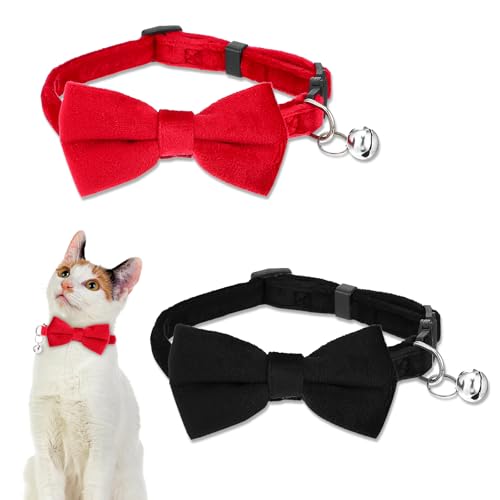GEEHUA 2 Stück Katzenhalsband, Samt-Katzenhalsband mit Abnehmbarer Fliege, Halsbänder mit Glöckchen, Kätzchen-Welpenfliege für Welpen, Kätzchen,...