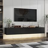 TAMUNE 63” Floating TV Stand High Gloss TV Console with LED Lights, Wall Mount TV Console Table with 3 High Gloss Drawers, Floating Media Console for Living Room, Black, 13.8”D x 63”W x 9.8”H
