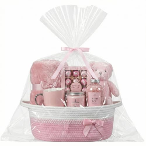 Image of Colingmill 1 Set Woven Basket for Gift Empty with Cellophane Wrap Set 14 x 10 x 5.5 Inch, Medium Decorative Gift Basket Empty to Fill, Cotton Rope Storage Box Decor (Pink White)