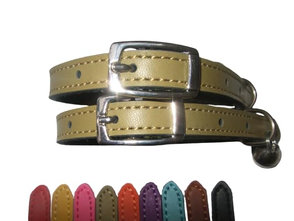 Cat Collar 2 pack set Real Leather Elasicated Safety Elastic bell, Pair Choose colours (Green and Green)
