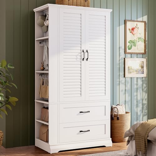 Image of IRONCK Armoire Wardrobe Closet, 70.87" H Wooden Bedroom Armoire with 2 Louvered Doors, 2 Drawers and Shelves, Large Freestanding Clothing Storage Cabinet, White