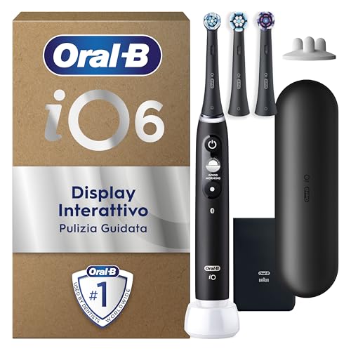Oral-B Spazzolino Elettrico Ricaricabile iO 6 Nero, 1 Spazzolino Elettrico, 3 Testine Oral B Di Ricambio, Custodia Da Viaggio, Pulizia Denti Efficace