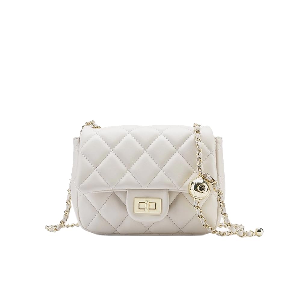 Bolso Bandolera Mujer de Cuero Genuino, Elegante Bolso de Hombro con Solapa y Cadena de Bola de Oro Ajustable, Bolso Cuadrado Clásico Blanco