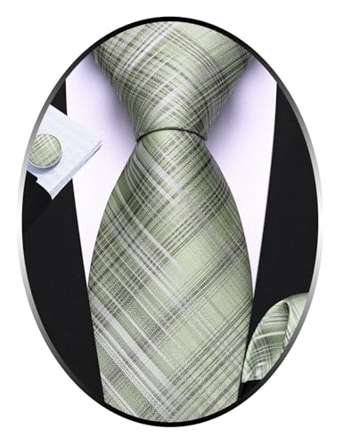 Image of Barry.Wang Plaid Ties Check Mens Necktie Set with Handkerchief Cufflinks Classic Stripe