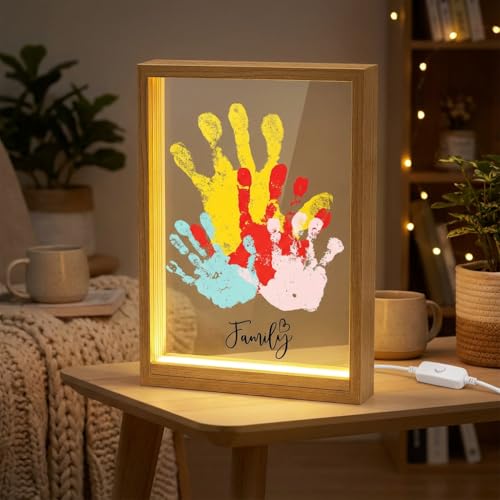 Handabdruck-Set für die Familie mit LED– Babyfußabdruck-Set für Neugeborene, Handabdruck-Set für Paare, Holzrahmen zum Basteln, personalisierte Geschenkideen zum Vatertag und Muttertag