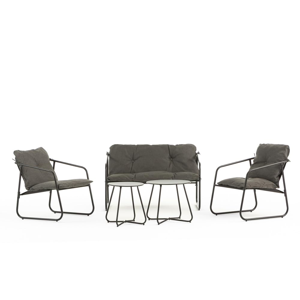 SIEDITI FUORI E DENTRO Set salotto da giardino 5 pezzi in acciaio, set di mobili da giardino con divano 2 posti, 2 poltrone, 2 tavlini e cuscini, salottino da esterno per patio balcone (Grigio Scuro)