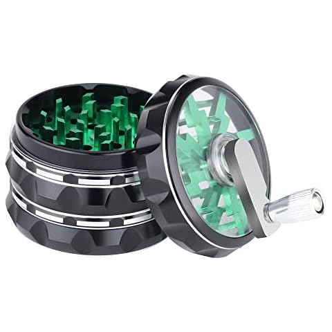 2.5" Hand Crank Aluminium Grinder with Clear Top, Black and Green, Best Gift Cover