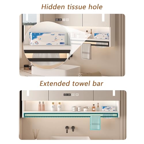 Botiquín para baño con espejo HD y luces LED, montaje en pared, almacenamiento inteligente con desempañador, botiquines iluminados para baño con display de hora y temperatura, soporte para toallas miniatura 6