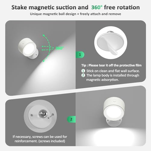 LED Wall Sconces 2 Pcs with Remote, Wall Mounted Lights Rechargeable Battery Operated, 3 Color Temperatures & Dimmable Wall Lamp Magnetic 360° Rotation Wireless Light for Bedroom Living Room – Image 6