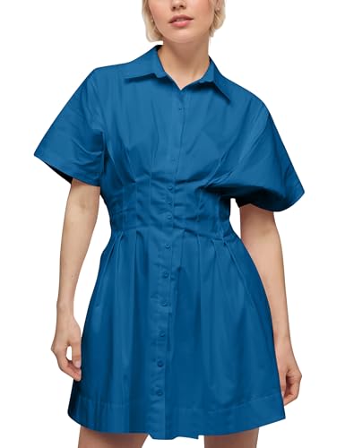 Image of Women Summer Short Sleeve Button Front Pleated Shirt Dress Striped Collar V Neck Casual Y2k Swing Short Mini Dress