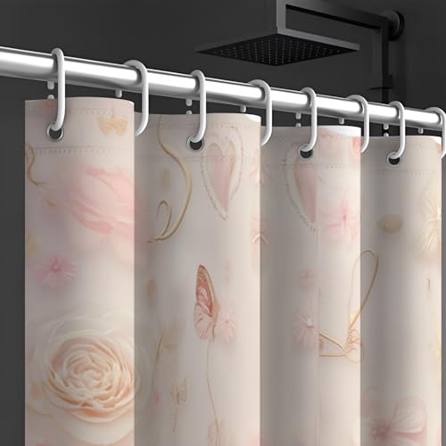Rideau de douche imperméable lavable polyester or rose papillon cœur 180x200