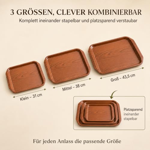 Serviertablett 3er Set Kunststoff Holzoptik mit Griffen – Bild 2