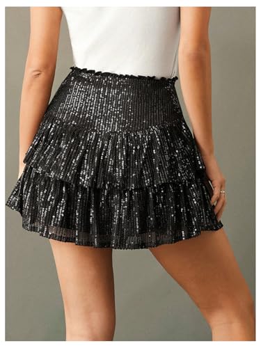 MakeMeChic Women's Glitter Sequin Mini Skirt Ruffle Tiered Frill Trim A Line Party Club Skirts3