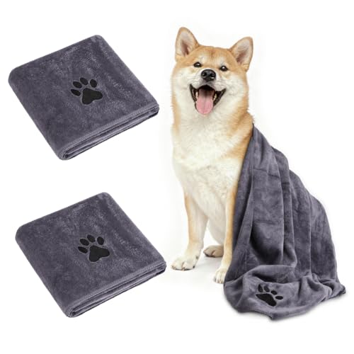 Adiwo 2 Stück Hunde Handtuch, 100 * 50 cm Hundehandtuch Extra saugfähig, Schnelltrocknend Haustier Mikrofaser Handtücher, Geschenk Geeignet für Hunde Katzen Oder Andere Haustiere, Grau