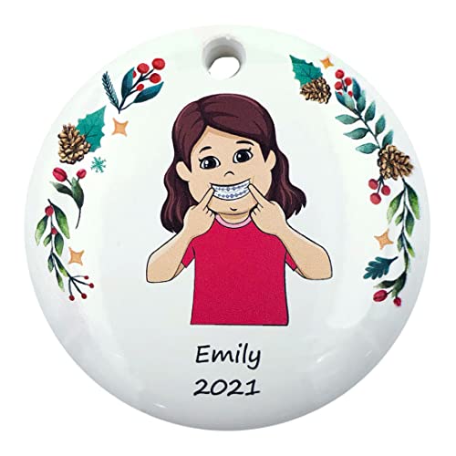 CHEERZEER CUSTOMIZE Personalized Braces On Brunette Girl Christmas Ornament, Female First Set Braces Ornament